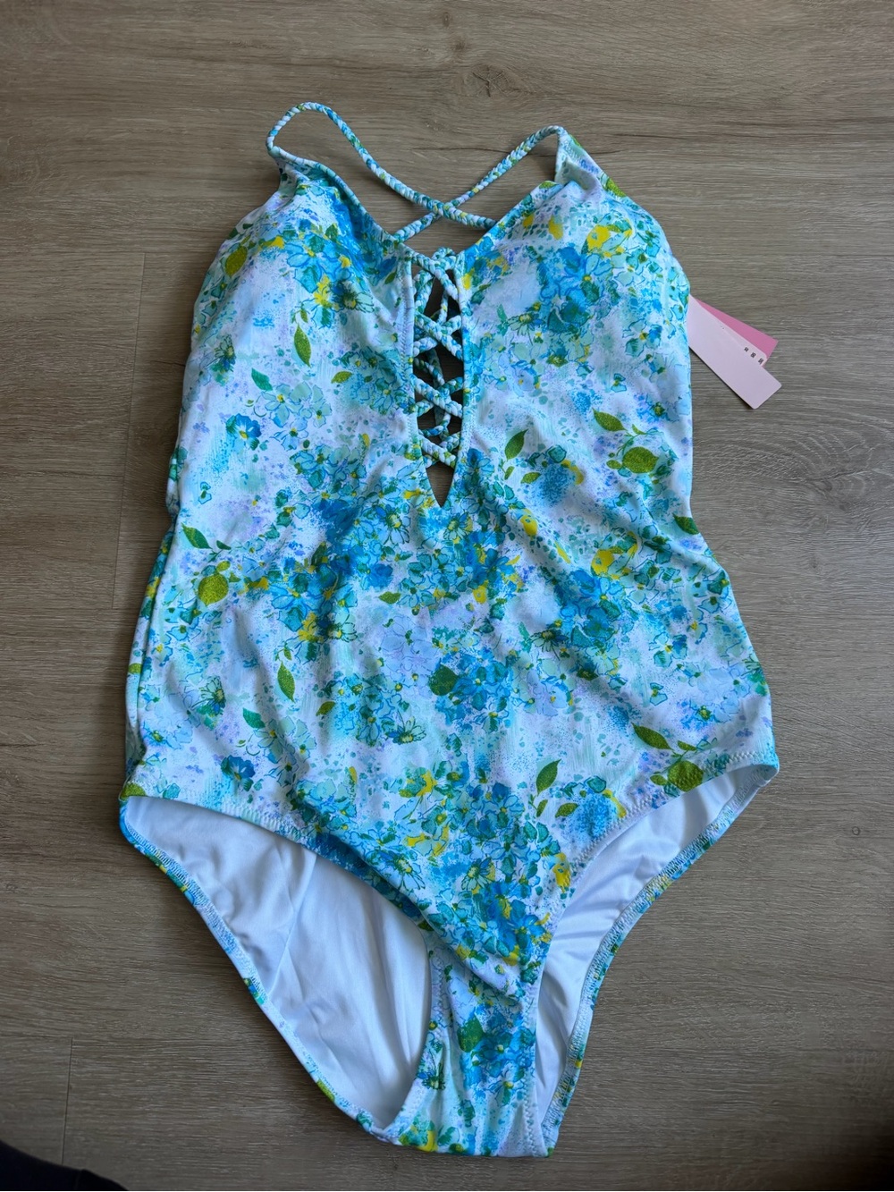 Victoria’s Secret Blue White Floral lace up Front One Piece swimsuit SZ M NWT
